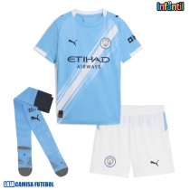 Camisa de Futebol Manchester City Erling Haaland #9 Equipamento Principal Infantil 2025-26 Manga Curta (+ Calças curtas)